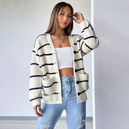 Damen Strickjacke Streifenmuster Baumwolle Beige