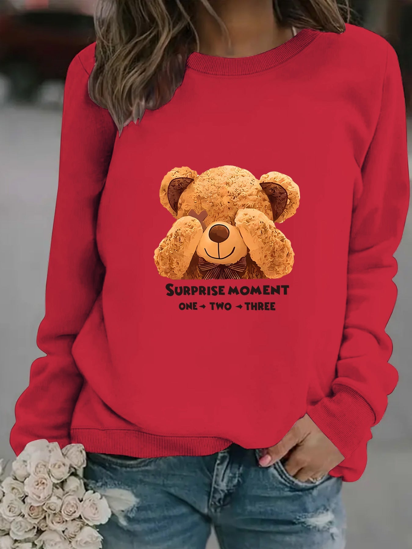 Damen Sweatshirt Bärenmotiv Baumwolle Weiß