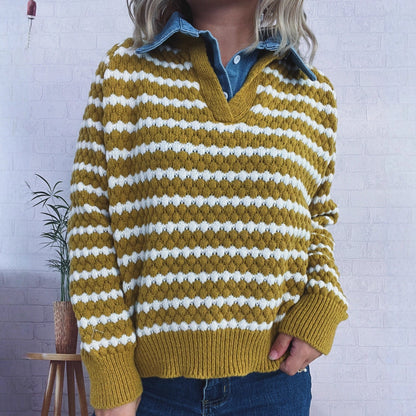Damen Strickpullover V-Ausschnitt Streifenmuster