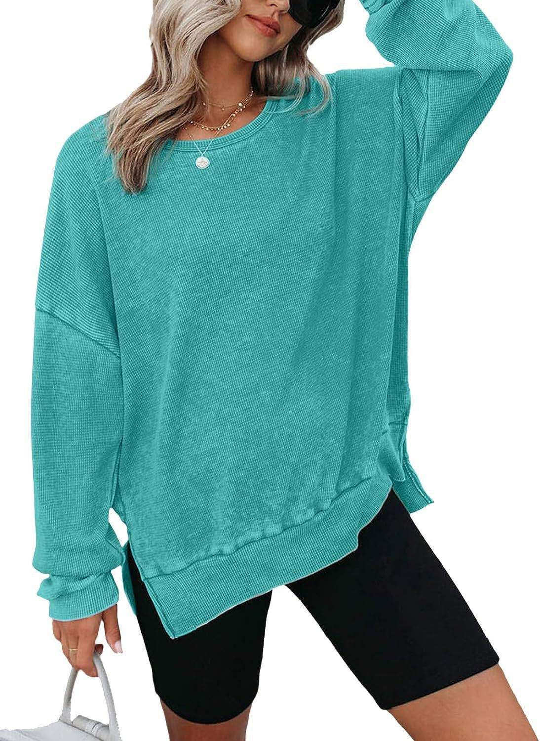 Damen Waffelpullover Mit Seitenschlitzen Norvielle