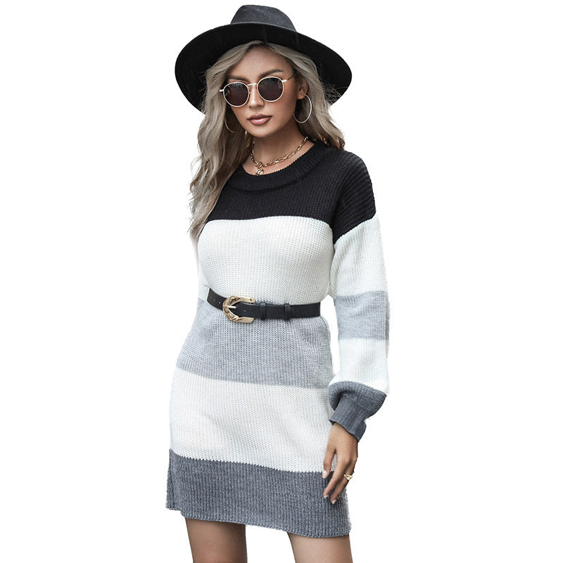 Damen Strickkleid mit Blockstreifen und Gürtel Norvielle