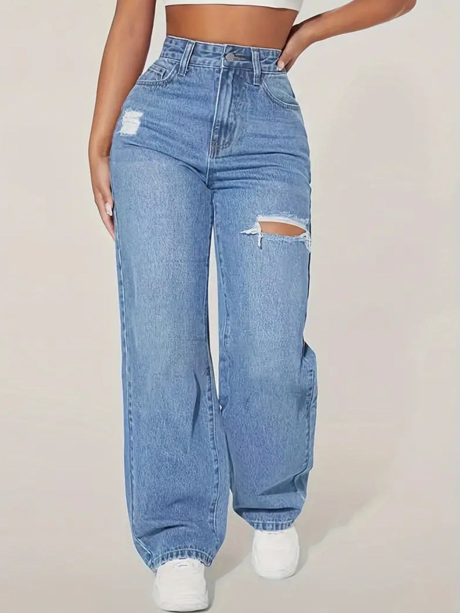 Damen High-Waist Jeans Ripped gerades Bein Schwarz - Norvielle