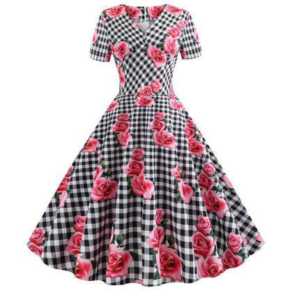 Damen Rockabilly Kleid Florales Karomuster