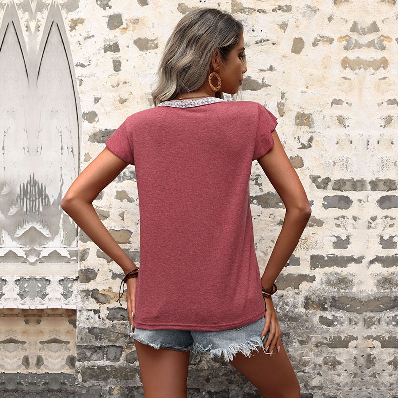 Damen Kurzarmshirt Rüschendetails Kreatives Knopfdesign Norvielle