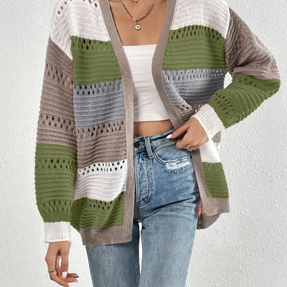 Damen Strickcardigan Groß Lochmuster Farbblock Norvielle