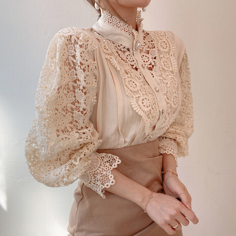 Damen Bluse Spitze Hochkragen Elégant Weiß