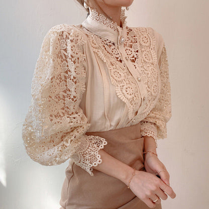 Damen Bluse Spitze Hochkragen Elégant Weiß