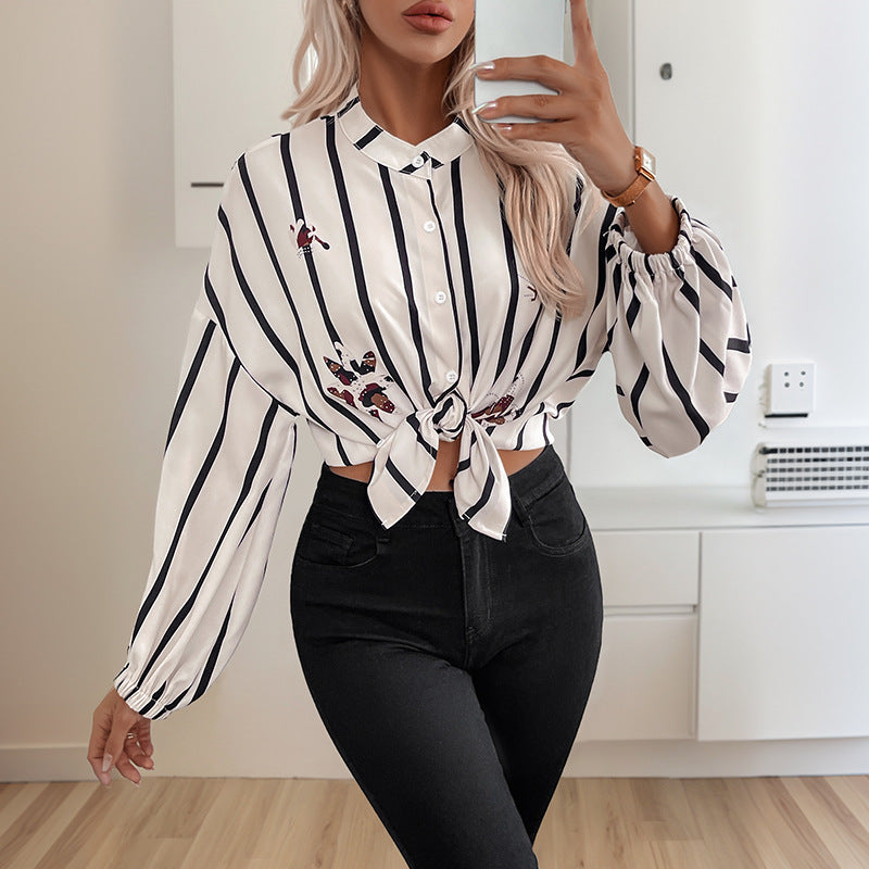 Damen Bluse Gestreift Puffärmel Elegante Stickerei