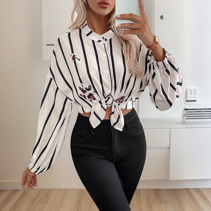Damen Bluse Gestreift Puffärmel Elegante Stickerei