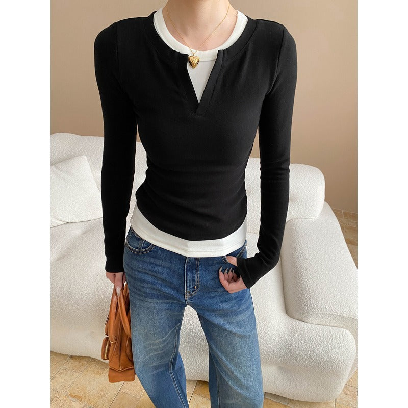 Damen Langarmshirt Figurbetont Hochgeschlossener Ausschnitt Layered - Norvielle