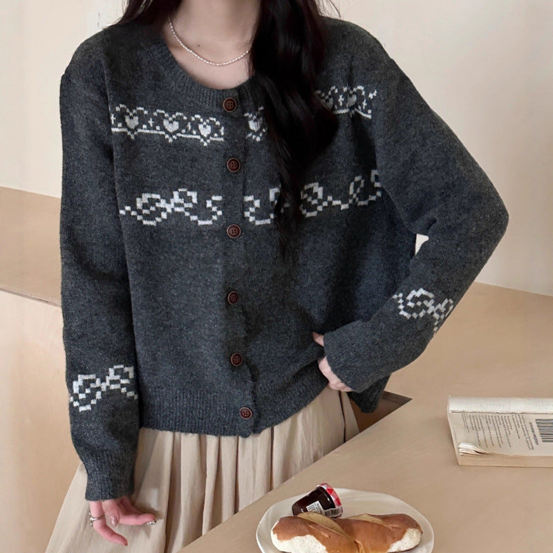 Damen Strickcardigan Traditionelle Muster Holzknöpfe Beige - Norvielle