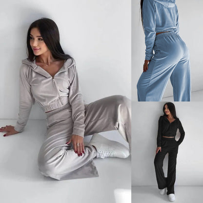 Damen Velours-Loungewear-Set mit Cropped-Jacke und Hosen - Norvielle