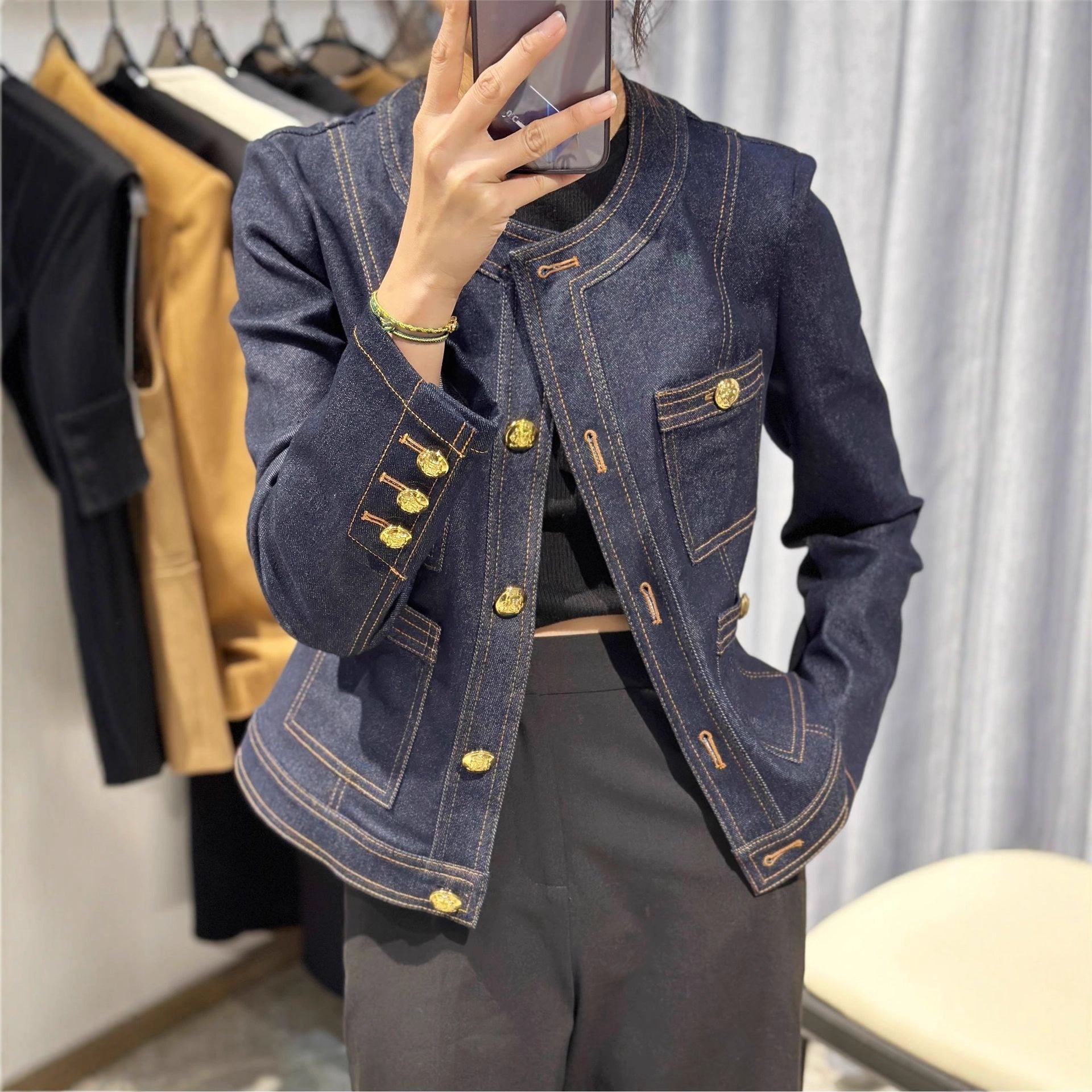 Damen Denimjacke Goldene Knöpfe Blau - Norvielle