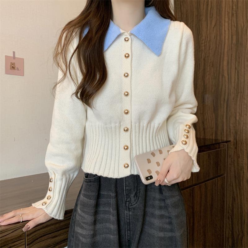 Damen Strickpullover Eleganter Kragen Knopfdetails Norvielle