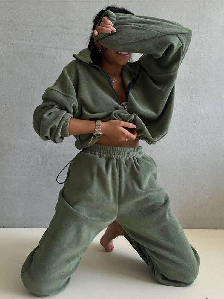 Damen Fleece-Loungewear-Set Elastischer Bund Halbzipper Beige