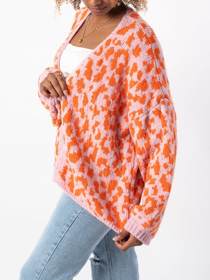 Damen Strickjacke Leopardenmuster Oversized Voluminöse Ärmel Norvielle