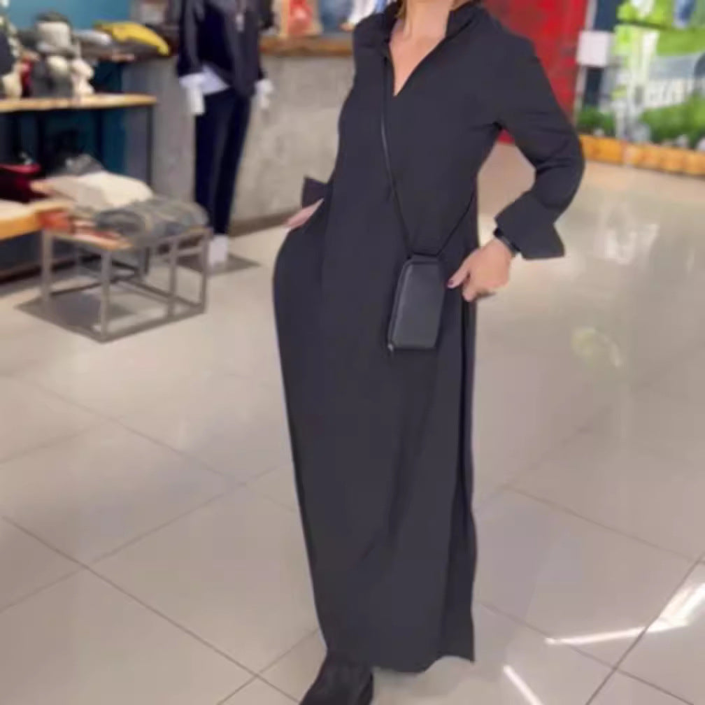 Damen Maxikleid Eleganter Kragen Praktische Taschen Norvielle