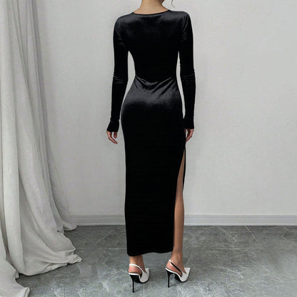 Damen Samt Maxikleid V-Ausschnitt Elegant
