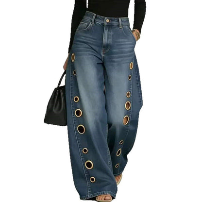 Damen Weite Jeans Dekorative Ösen Hoher Bund Norvielle