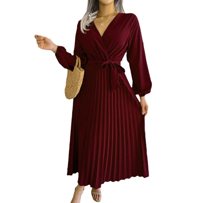 Damen Wickelkleid Faltenrock Langer Arm Norvielle
