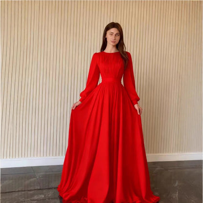 Damen Langkleid Norvielle Elegant Taillenband Ballonärmel