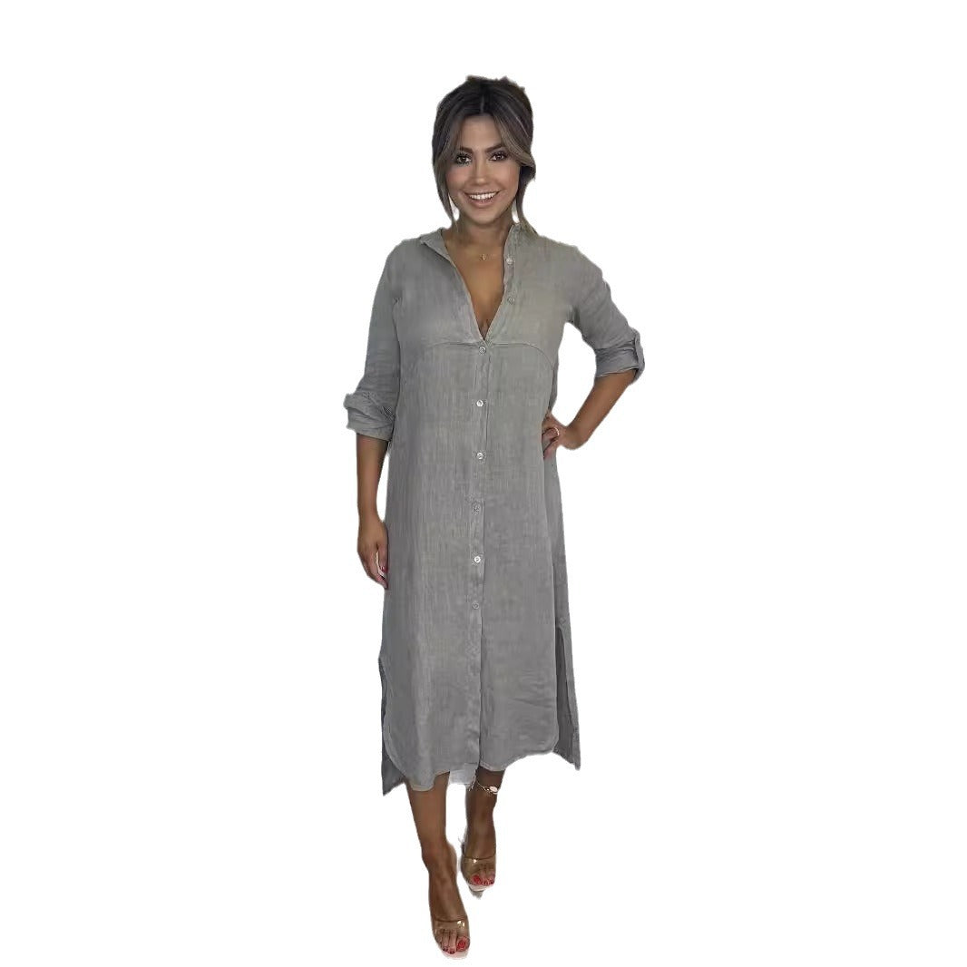 Damen Leinenkleid Atmungsaktives Leinen Mit Seitenschlitzen Beige