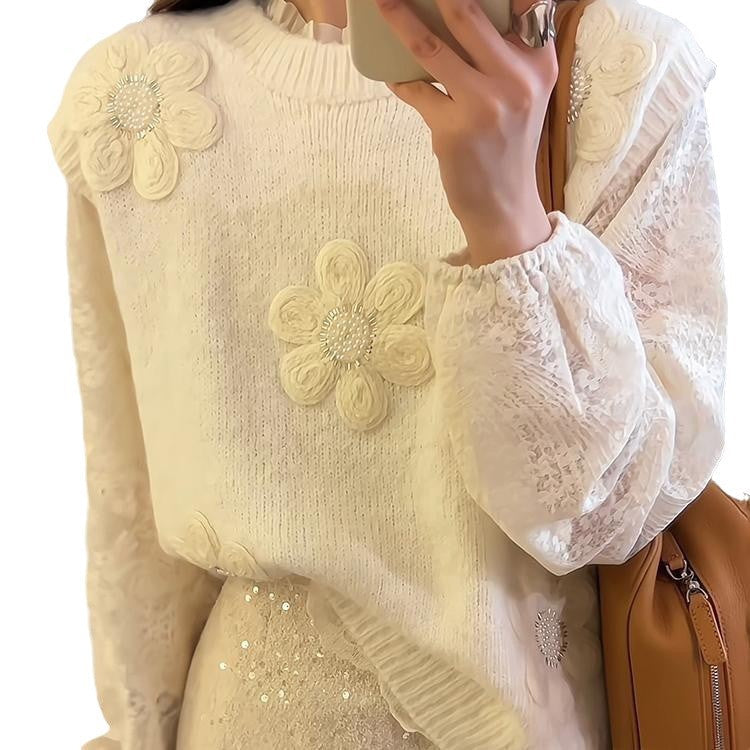 Damen Strickpullover Florale 3D-Applikationen