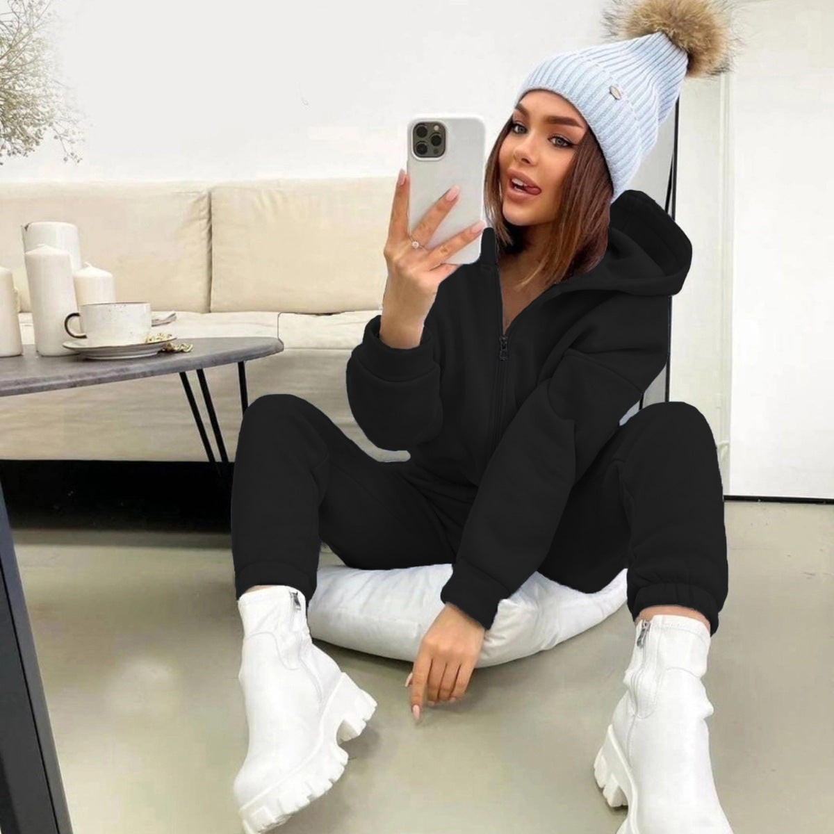 Damen Fleece-Jumpsuit mit Kapuze und Reißverschluss Norvielle