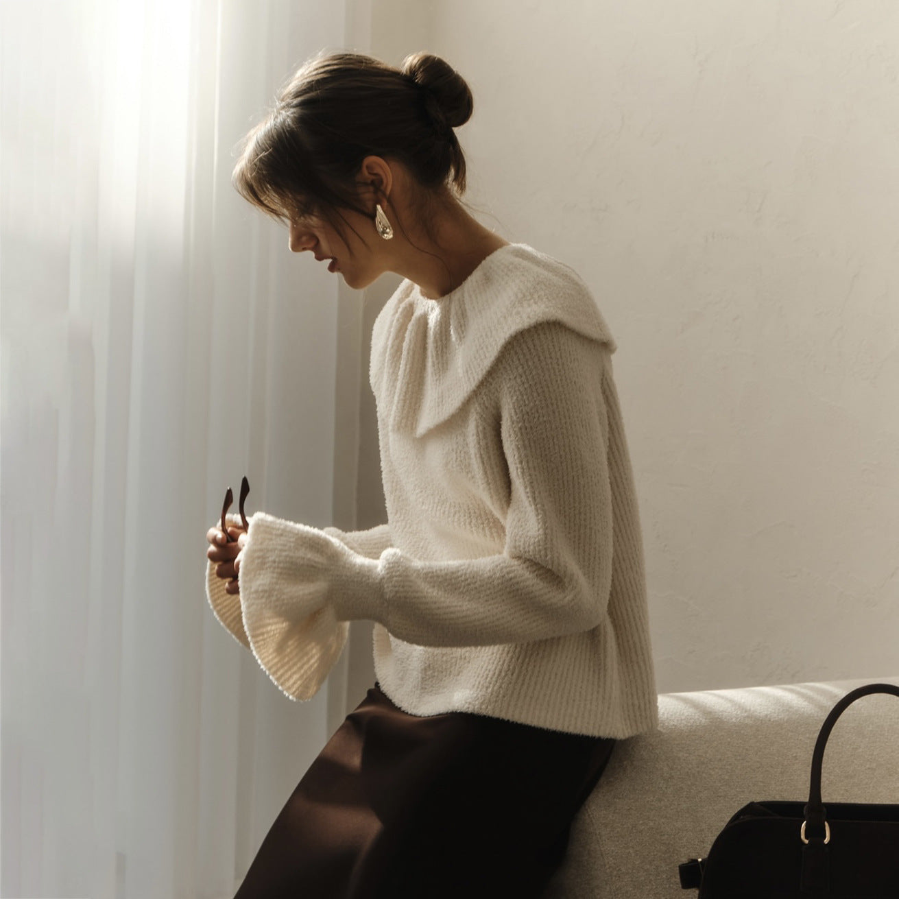 Damen Strickpullover Rüschenärmel Norvielle