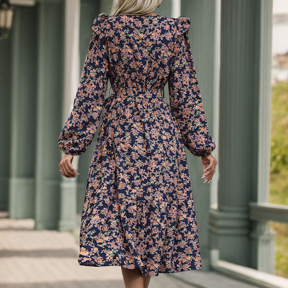 Damen Midi-Kleid Floralmuster Rüschen Elegant Blumenmuster