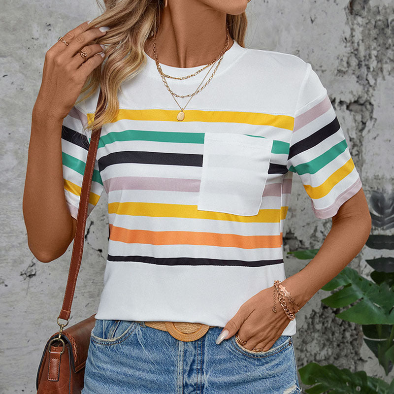 Damen T-Shirt Kurzarm mit Streifenmuster und Brusttasche Bunt - Norvielle