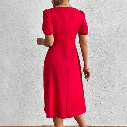 Damen Midi-Kleid Puffärmel Seitenriss