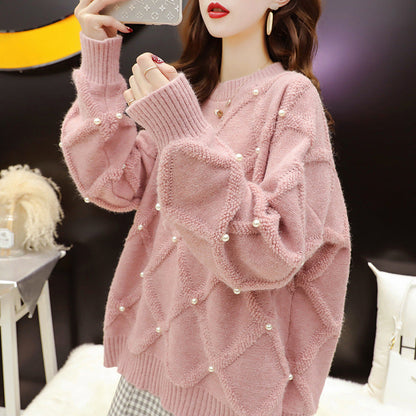 Damen Oversized Pullover Strukturmuster Perlenverzierungen Norvielle - Norvielle