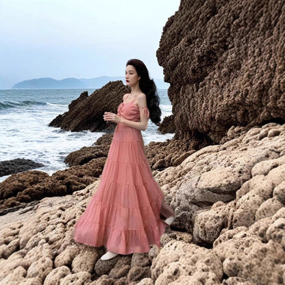 Damen Maxikleid Schulterfrei Rüschen Design Norvielle