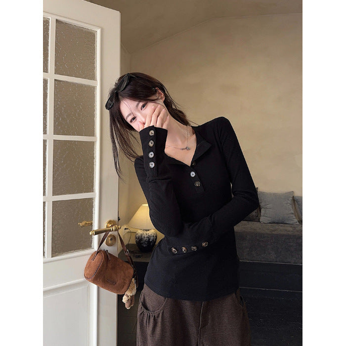 Damen Langarmshirt Dekorative Knöpfe Norvielle