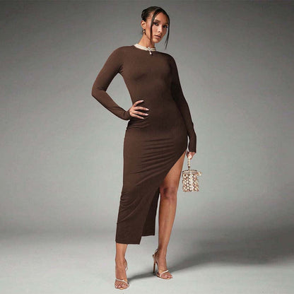 Damen Maxikleid Langarm Seitenschlitz Norvielle