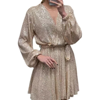 Damen Glitzerndes Mini-Kleid V-Ausschnitt Puffärmel Norvielle