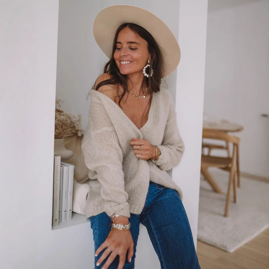 Damen Oversized-Pullover Weich V-Ausschnitt Beige