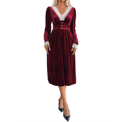 Damen Samtkleid Spitzenapplikationen Knöpfe