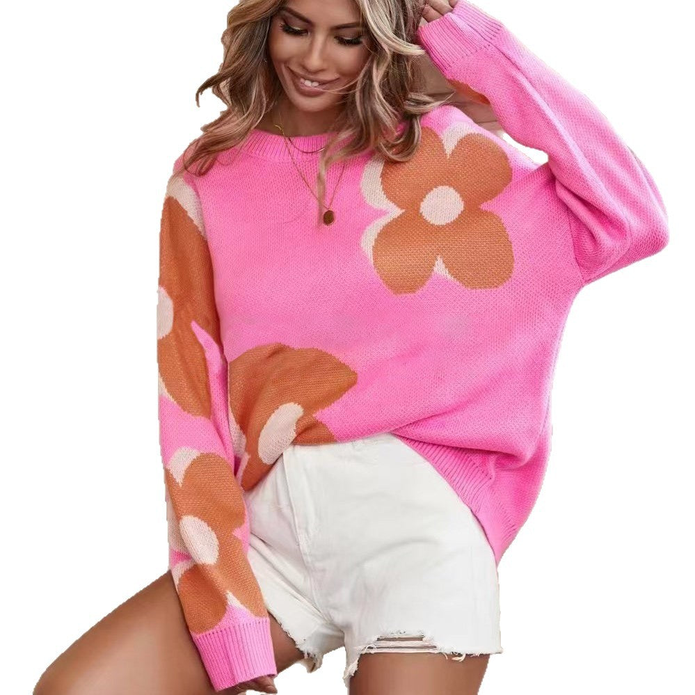 Damen Pullover Floralmuster Rundhalsausschnitt Norvielle