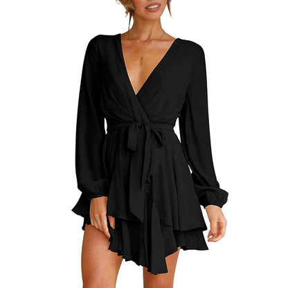 Damen Wickelkleid Langes Ärmelkleid mit Volant Dunkelblau