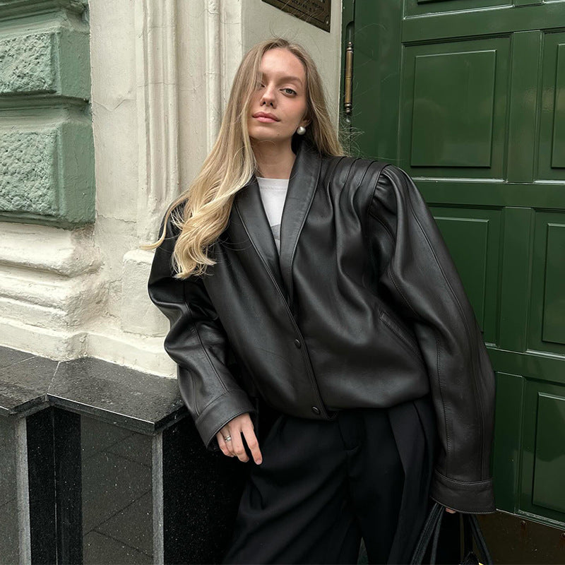 Damen Lederblazerjacke mit Puffärmeln