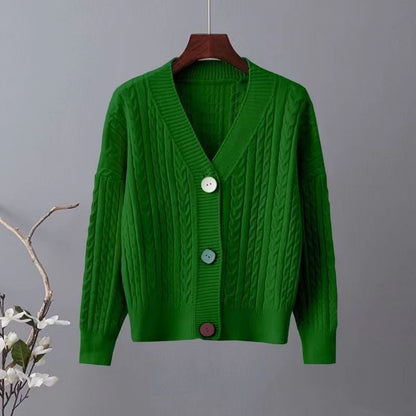 Damen Grobstrickjacke V-Ausschnitt Dekorative Knöpfe Norvielle