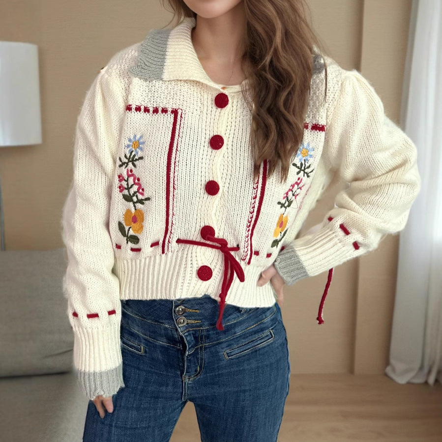 Damen Strickjacke Blumenstickerei Kordelzug Norvielle