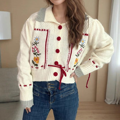 Damen Strickjacke Blumenstickerei Kordelzug Norvielle