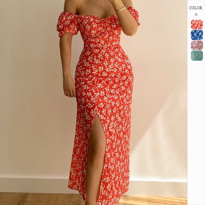 Damen Maxikleid Figurbetont Puffärmel Floralmuster - Norvielle