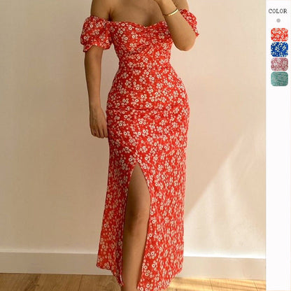 Damen Maxikleid Figurbetont Puffärmel Floralmuster - Norvielle