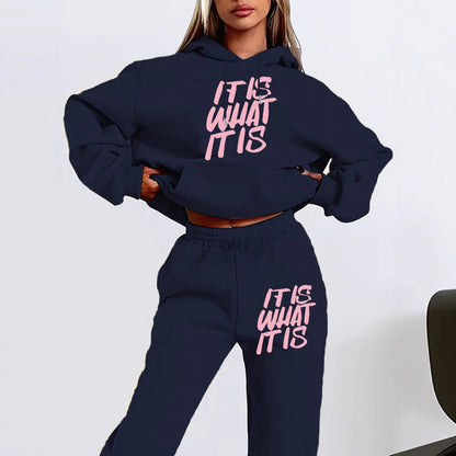Damen Hoodie Jogginghose Set Baumwolle Mit Schriftzug Anthrazit