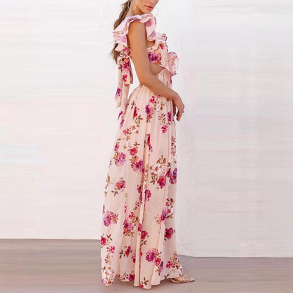 Damen Maxikleid mit Blumenmuster und V-Ausschnitt
