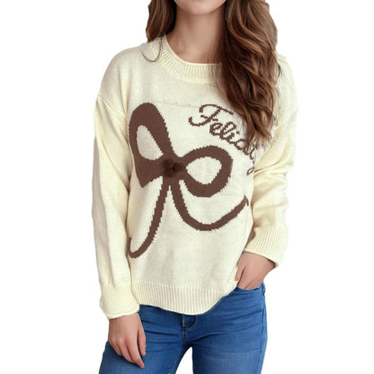 Damen Pullover Weiches Material Schleifenmuster Beige